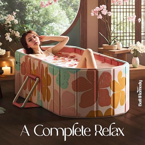 Image of Bath Tub for Adult for Bathroom, Foldable SPA Tub for Home Use with Drainage Hole, Thickened Insulated Ice Bath Tub, Inflatable BathTub for Adults, Ice BathTub for Adults (Peach Flower)
