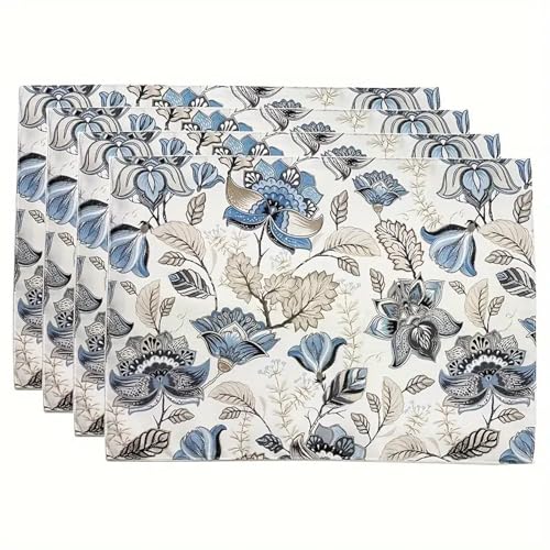 Manteles Individuales Flores De Plantas Azules Antideslizante Resistentes al Calor Fácil de Limpiar Manteles Individuales de Lino,decoración de Mesa,para Interior,Vacaciones 30x45cm, Juego de 8