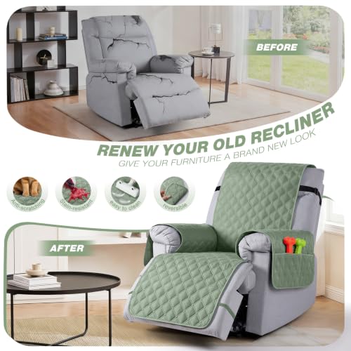 Image of TAOCOCO 100% Waterproof Recliner Chair Covers Reversible 22 inch, Sage Green | Recliner Protector with Leg Straps, Washable 1 Seat Reclining Chair Slipcover with Storage Pocket for Pets & Kids