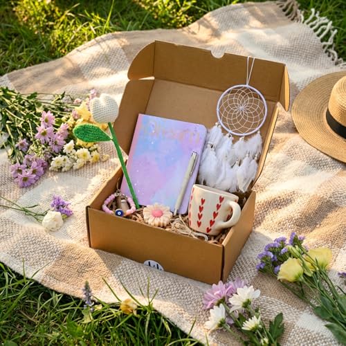 Image of The Urban Artistic Rakhi Gift Hamper for Sister, Birthday Gift, Unique Gift Items, Dreamcatcher, Daisy Candle, Ceramic Handpainted Cup, White Tulip Flower, A5 Notebook(Set of 7 Gifts)