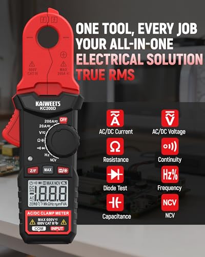 Image of KAIWEETS Digital Clamp Meter with Round Jaw, Automotive Multimeter, NCV, 2000 Counts, Amp Voltmeter, Accuratly Measure AC /DC Current & Volatge, Resistance, Diode, Capacitance, Continuity, Frequency
