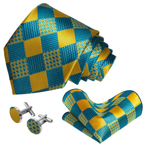 Image of 5PCS Mens Silk Tie, Pocket Square, Cufflinks, Drilled Tie Ring and Lapel Pin Set for Wedding Groom Party