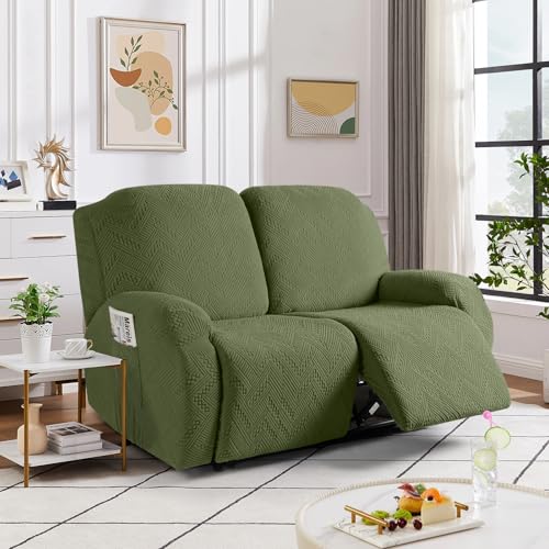 Image of Ruaozz Recliner Loveseat Covers 2 Pieces Recliner Sofa Covers with Pockets Stretch Reclining Couch Slipcover Washable Furniture Protector with Elastic Bottom (2 Seater, Army Green)