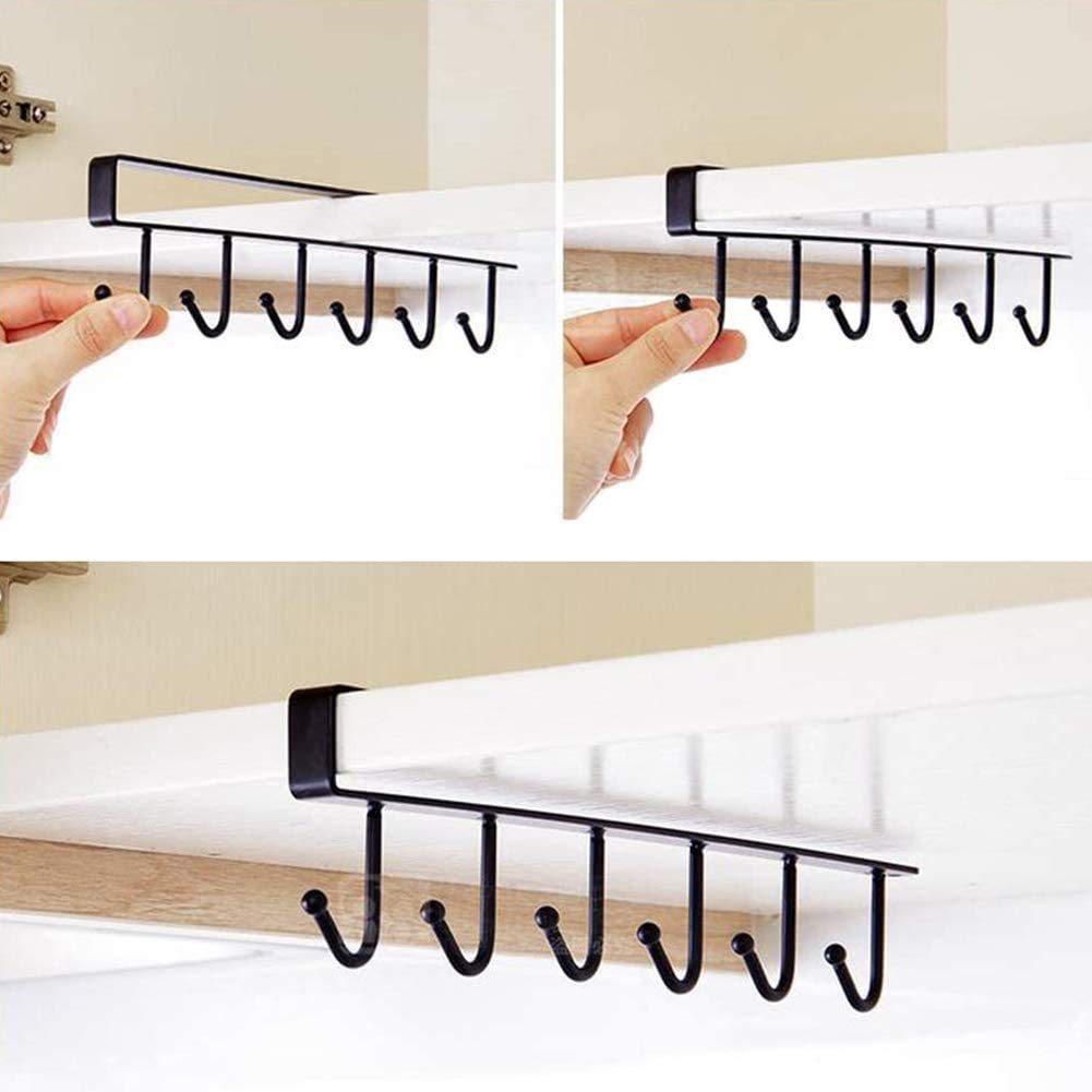 2 Pieces Cabinet Door Seamless Hook,Multi-Function 6 Hooks/Kitchen Utensil Rack for Hanging/Hangers Row Hook Rack,Under Shelf Storage Cup Holder,Home Storage Hooks(Black) - Image 4