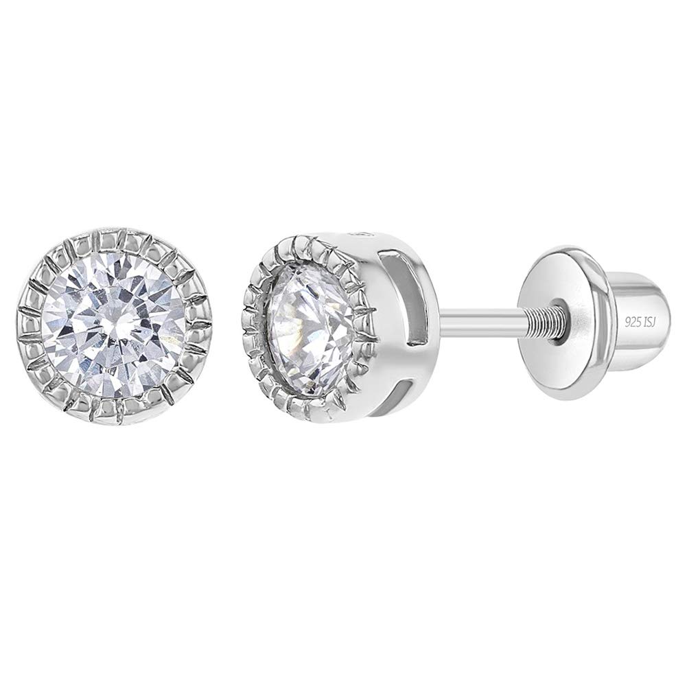 In Season Jewelry925 Sterling Silver Beautiful 5mm Round Bezel- Set Cubic Zirconia Stud Earrings for Girls with Locking Screw Backs Excellent for Baby Girls, Toddlers, and Young Girls for all Occasions