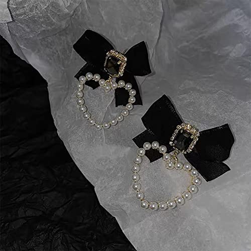 Black Bow Knot Heart Dangle Stud Earrings Sterling Silver Pins Cz Crystal Pearl Love Heart Drop Wedding Earrings Statement Studs Elegant Jewelry Gifts For Women Girls #TOP4