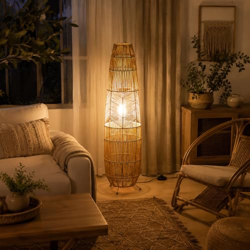 Image of Hand Woven Rattan Floor Lamp,Boho Standing Lamps for Living Room | Handcrafted Wicker Shade,No Assembly Required,Unique Shadow Effects,Foot Switch Control,36 Inch Tall,3 Color Temperature