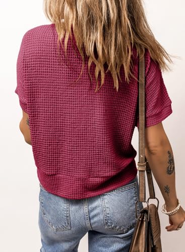 Image of Dokotoo Womens Summer Tops 2026 Waffle Knit Button Down Shirts | Trendy,V Neck,Loose Fit,Jacket,Short Sleeve,Summer Cardigan,Cropped,Shacket,Going Out Outfits,Dressy