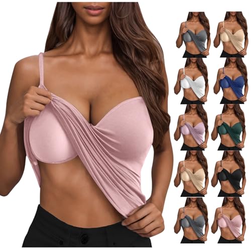 RRMuAzgs Womens Tank Tops with Built in Padded Bra Sexy Spaghetti Strap Summer Fashion Camisole Tops Sleeveless Pajama Tanks Pink L