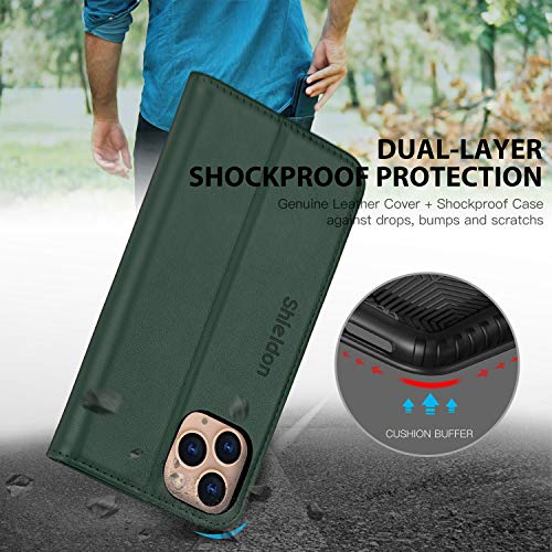 Shieldon Iphone 11 Pro Case, Genuine Leather Wallet Case Auto Sleep Wake Folio Stand Rfid Blocking Card Slot Magnetic Protective Cover Compatible With Iphone 11 Pro (5.8-Inch, 2019) - Midnight Green #TOP5