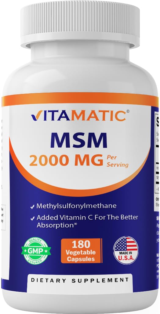 - MSM 2000 mg with Vitamin C 75mg per Serving - 180 Veg Capsules - Vitamin C Aid in Better absopriton of MSM (Methylsulfonylmethane) - Non-GMO & Gluten Free