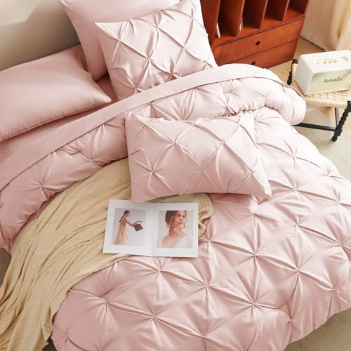 CozyLux King Size Comforter Set Blush Pink, 7 Pieces Pintuck Bed in A Bag Pink Comforter King Size, Pinch Pleat Bedding Set with All Season Comforter, Sheets, Pillowcases & Shams
