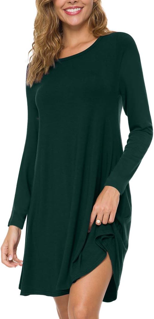 POPYOUNG Women's Long Sleeve T Shirt Dresses Casual Swing Dress Long Sleeve Green XX-Large