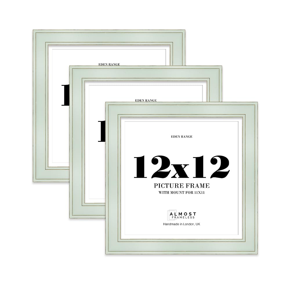 12x12" Sage Green Square Picture Frame with 11x11" Mount - Shabby Chic Photo Frame with Distressed Finish, Gold Trim, Wall Hooks and Kickstand, 37mm Edge - 3 Pack