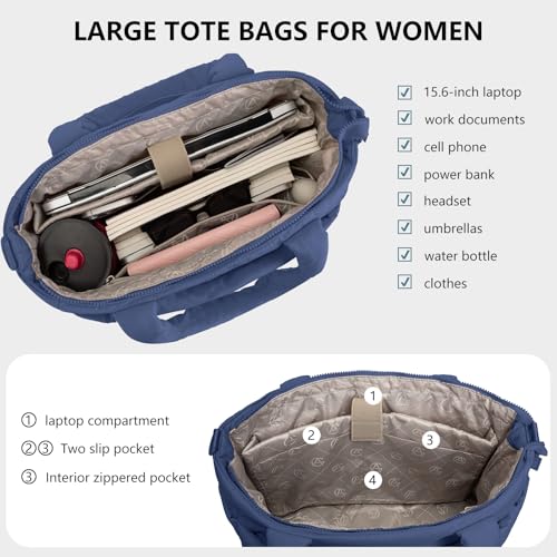 Image of Puffer Tote Bag for Women Quilted Nurse Bag Lightweight Work Bag for Teacher Travel Handbag with Multiple Pockets