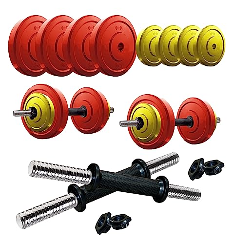 Amazon Brand – Symactive Premium Coloured Solid Rubber Adjustable 30 Kg Dumbbells Fitness Kit for Full Body Workout (2.5×4 + 5×4 Kg Rubber Weight, 14” Dumbbell Rods Pair & Nuts)