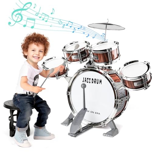 NonKob Batería para Niños Instrumentos Musicales, Jazz Bateria Infantil 5 Tambores Percusión con Taburete, Musical Educativo Juguete para Niños y Niñas de 3 4 5 6 7 Años