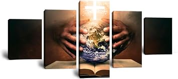 Jesus Crosses Canvas Wall Art for Living Room Jesus Christ Painting Christian Picture for Bedroom Earth Holy Bible Office Home Wall Decorations Framed Artwork Ready to Hang 60Wx32H
