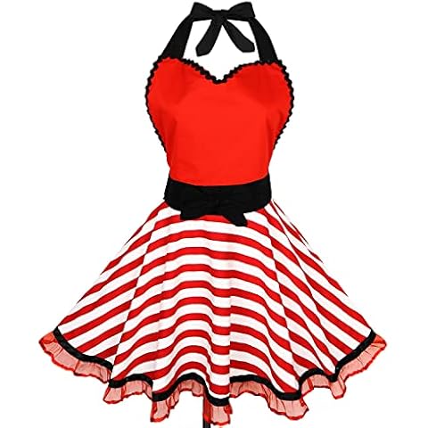 Violet Mist Retro Lovely Ruffle Side Kitchen Aprons Sweetheart Polka Dot Cooking Baking Vintage Apron Mother Women Girls Gift, Red Striped Lace-b, Medium Cover