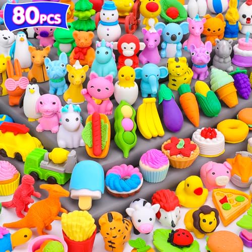 80PCS Mini Animal Erasers for Kids Bulk Small Toys, 3D Cute Erasers Desk Pets Treasure Box Toys Prizes for Classroom School Supplies Teacher Must Haves Students Gifts Kids Party Favors, Random