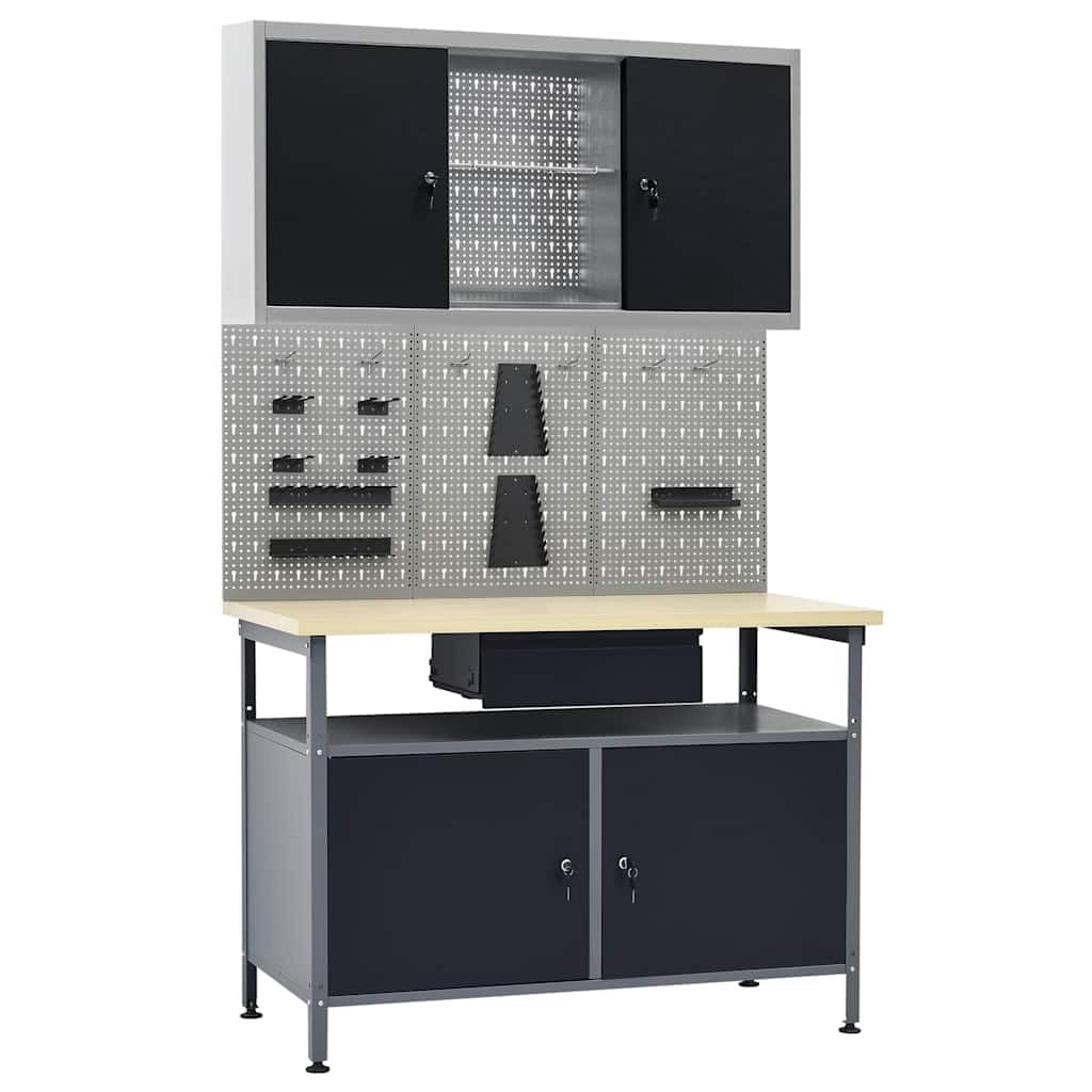 Banco de trabajo con 3 paredes de herramientas y 1 armario, acero y material de madera, 120 x 60 x 85 cm, capacidad de carga de 300 kg, con cajón y estante, ideal para garaje, taller, sala de