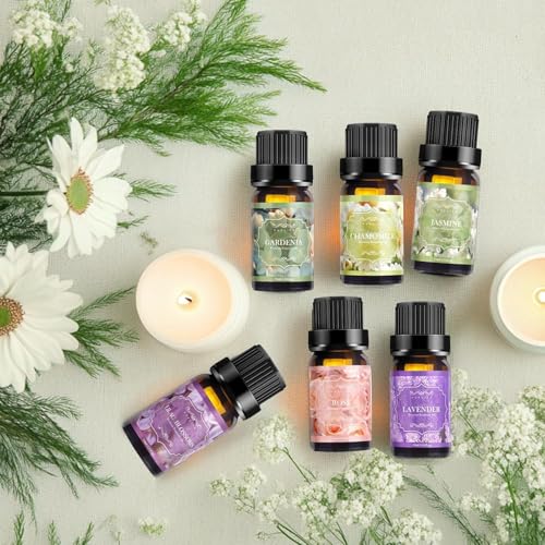 Auelife Floral Essential Oils Set - 6x10ml Rose, Jasmine, Lavender, Gardenia Pure Fragrance Oils for Diffuser, Candle Making, DIY Bath Bomb, Romantic Home Aromatherapy