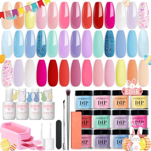 AZUREBEAUTY 31Pcs Dip Powder Nail Kit Starter 20 Colors Pastel Spring Summer Pink Acrylic Dipping Powder Set with Top/Base Coat Activator & Recycling Tray for Macaron French Manicure Salon