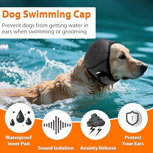Image of Dog Calm Hoodie Ear Wraps for Dogs, Waterproof Dog Swim Cap, Ear Cover Muffs for Anxiety Relief Noise Cancelling, Dog Head Warp Ear Protection for Hematoma Fireworks Bath Swim Blow Drying(L,Greye)