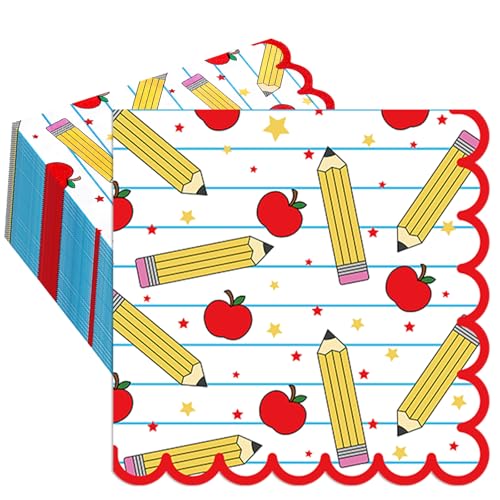 Whaline 100 Pcs Back to School Cocktail Napkins Scalloped Disposable Paper Napkin Apples Pencil Notebook Beverage Dessert Napkin for Party Supplies Table Decor