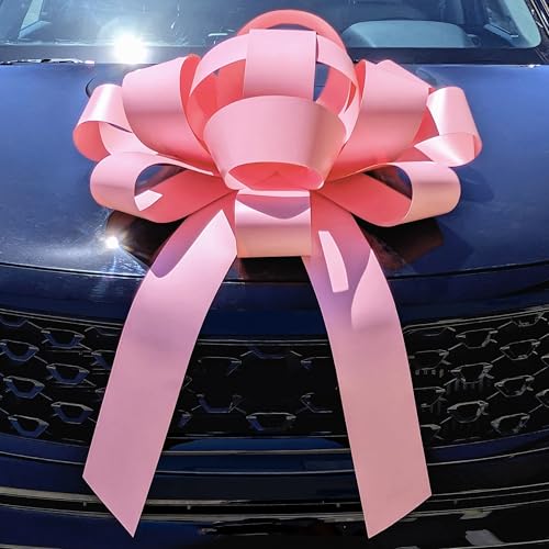 Image of CarBowz Big Car Bow for Decorations and Birthday Gifts, Large Ribbon, Magnet, Safe Sticker Included, Fully Assembled 30 inch Wide Huge Bow, No Suction Cup Needed (Pink)