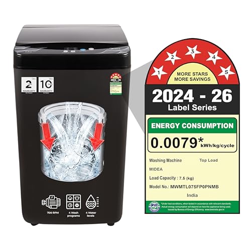 Image of Midea 7.5 Kg 5 Star Fully Automatic Top Load Washing Machine, Spiral Stream Tub, Dual Waterfall, 6 Petal Pulsator, Magic Filter (MWMTL075FP0PNMB, Auto Restart, Mid Black)