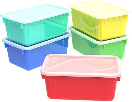 Storex Cubo de almacenamiento pequeño con tapa transparente, 5.1 x 7.8 x 12.2 pulgadas, brillante surtidos, 5 por caja