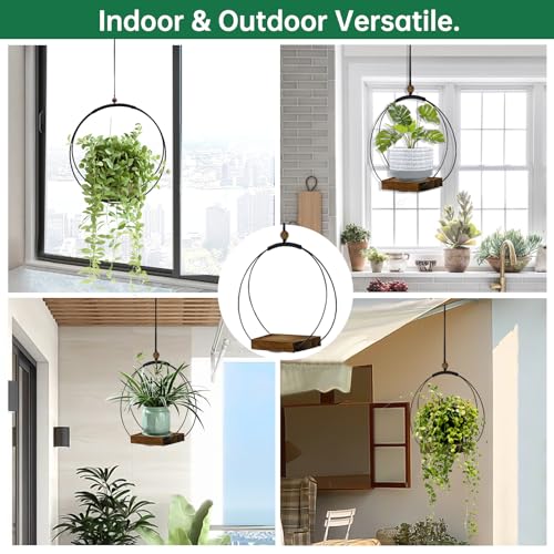 Hanging Planter for Indoor Plants, Black Plant Hanger Indoor with Sturdy Wood Base, Modern Boho Macrame Plant Hanger, Hanging Wall Ceiling Window Home Decor (Plants/Pots Not Included) - Image 4