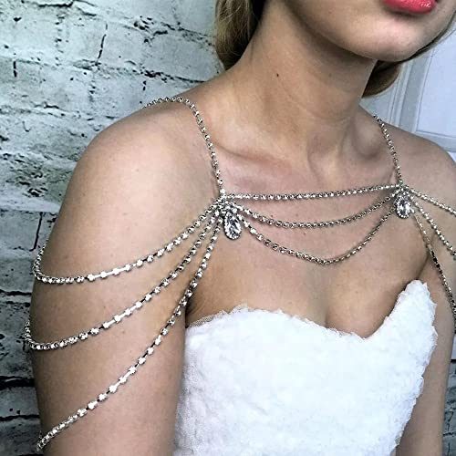 Bethynas Boho Layered Rhinestone Shoulder Chain Bling Crystal Tassel Body Chain Jewelry Party Bra Chain Accessory For Women Girls (C, Silver) #TOP2