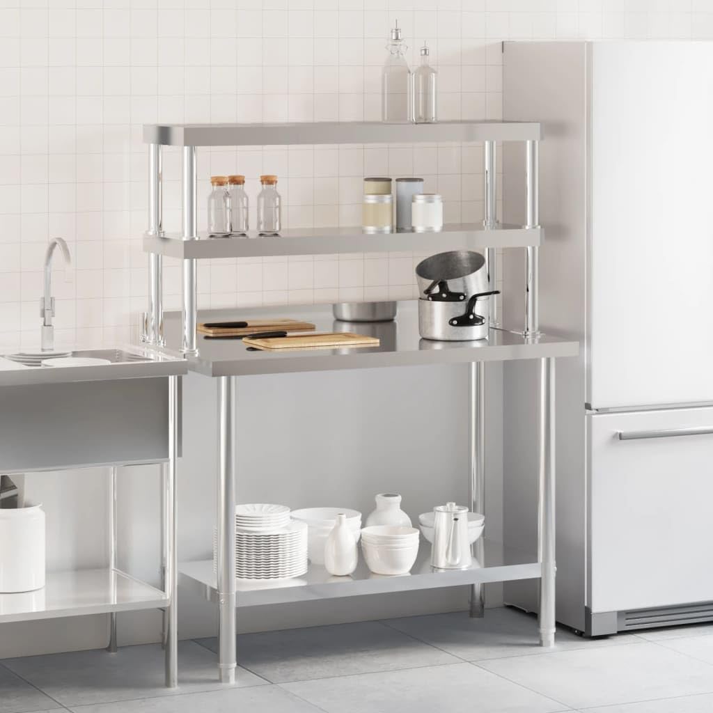 Tavolo da lavoro da cucina in acciaio inox con ripiano, 110 x 55 x 150 cm, per gastronomia, ristorante, catering, grandi cucine, commerciali, robusto, igienico, stabile, con ripiano e