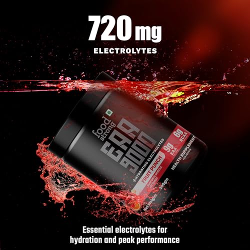 Image of Foodstrong EAA 9000 with Hydrating Electrolytes, Fruit Punch Flavour, 9g Essential Amino Acids (EAA) & 6g BCAA Per Serving - Supports Muscle Recovery & Rehydration - 300g, 25 Servings