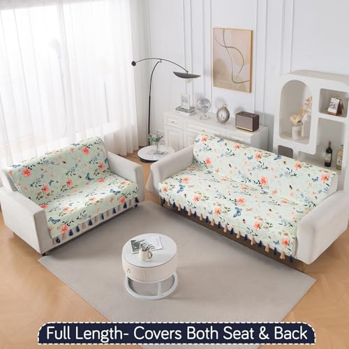 Image of HOKIPO 5 Seater Sofa Cover with Tassel in 3+2 Configuration | Full Protection for Seat and Back | Printed Holland Velvet Fabric | 'Whispers of Nature' | Pastel Butterfly Meadow (IN-1127+1126-D2)
