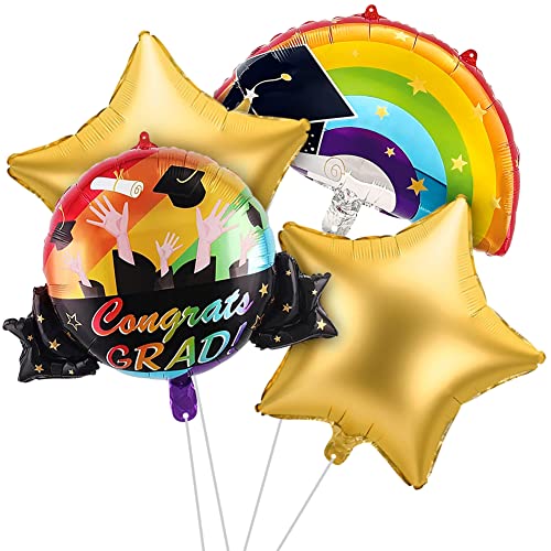 House Of Party Black, Gold & Rainbow Graduation Foil Balloons 4 Pcs - 18”X18” Star Balloons With 21”X22” Congrats Grad Balloon For 2023 Graduation Decorations | Graduation Decorations Class Of 2023 #TOP5