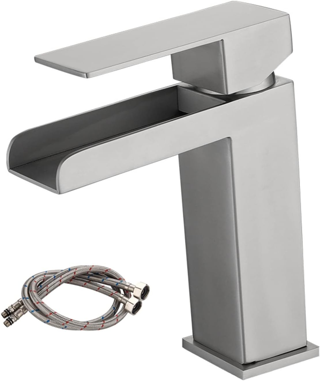 Waterfall Basin Faucet Bathroom Tilt Deck Mounted Black Silver Tap Cold & Hot Water Mixer Tap Stainless Steel Vanity Sink Faucet(Silver with Hose)