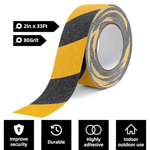 Image of Reniteco Anti Slip Tape - 2 inch x 33 Ft, Yellow with Black Strips Heavy Duty Grip Tape - High Adhesion & Waterproof, No Residue Removal for Outdoor Stairs, Tile, Shower, Bathtub - Extra Grip Safety Tape