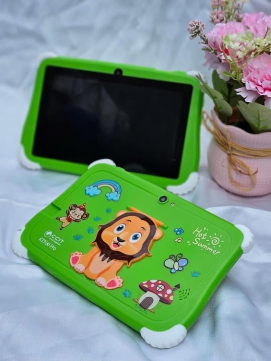 Kids Tablet 7 Inch with Case with Cartoon Lion Design, Green Protective Cover, Educational Device Holder with Stand