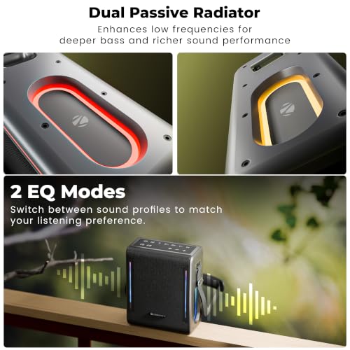 Image of ZEBRONICS Axon 150 Portable Bluetooth Speaker, 100W RMS, Built-in Power Bank, Zeb AcoustiMax DSP, Dual Passive Radiators, Up to 7h Playback, RGB Lights, BT v5.3, USB, mSD, AUX, Wireless Mic (Black)
