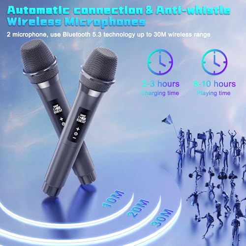 Image of JYX 260W Trolley Party Speaker, 12 Hours Playtime with 2 UHF Wireless Mics, Bluetooth v5.3, Karaoke Party Box, TWS, 6.35mm Guitar Mic Inputs & 7 Band EQ Control, AUX & USB Type-C Port, RGB LED Lights
