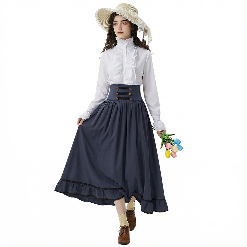 Robe française élégante à volants et manches ruchées – Costume médiéval féminin (Chemisier + Jupe vintage haute taille) – Ensemble Business Casual pour Femme – Jupe mi-longue de bureau et haut élégant