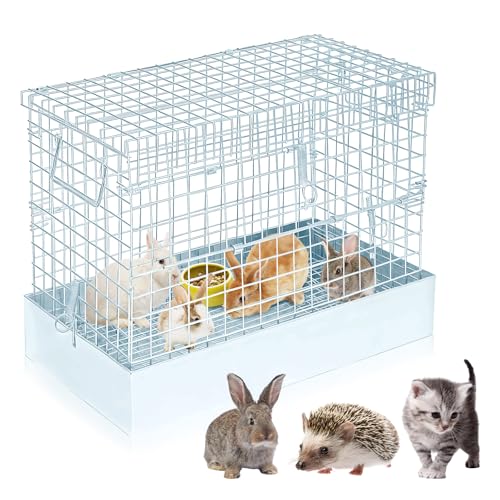 DoubleFill Folding Rabbit Transport Cage, 18 x 10 x 14 in Portable One Hole Rabbit Carrier with Tray and Handles for Travel Temporary Housing Indoor Outdoor Small Animal Enclosure