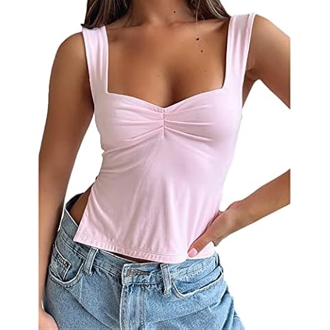 WPNAKS Women’s Sleeveless Strappy Tank Top Sexy Pleated Bustier Sweetheart Neck Going Out Crop Tops Y2K Basic Slits Cami Shirt (as1, Alpha, m, Regular, Regular, Pink) Cover
