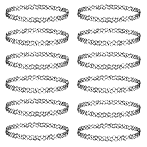 JEYORZY 12 Pièces Collier Tatouage Dentelle, Collier Tatouage, ras de cou Collier choker de tatouage style années 90, Gothique Collier Personnalisé Cordon élastique Noir Ajustable Parure pour Femmes