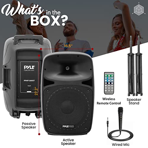 Pyle Wireless Bluetooth Pa Speaker - 500W Full Range 15” Active + Passive Outdoor Bt Audio System W/Party Lights, Fm/Aux/Mp3/Usb/Sd, Mic In, Handle, Wheels - With Stand, Microphone, Remote #TOP7