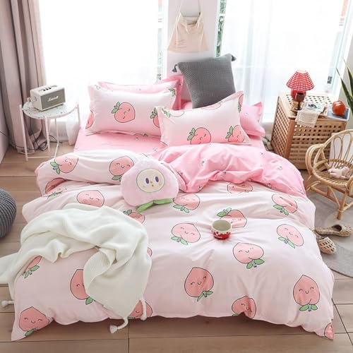 Cartoon Duvet Cover Set King Pink Peach Bedding Set Kid Kawaii Bedding Set Girl Peach Comforter Cover Cute Fruits Quilt Cover Tropical Plant Bedding Reversible Soft Bedspread Cover Room Decor