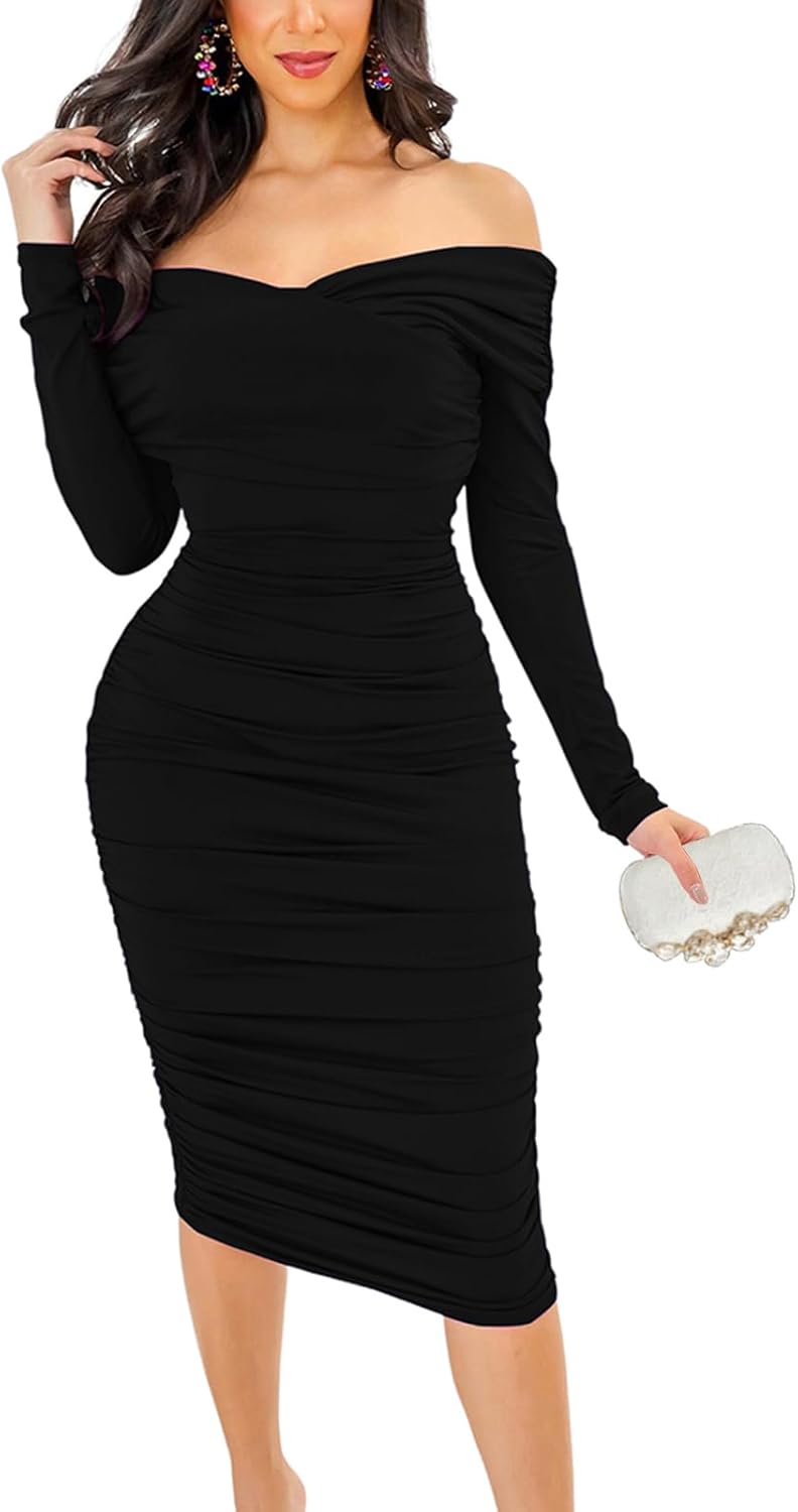 HugeNice Women’s Sexy Off Shoulder Midi Dress Long Sleeve Bodycon Ruched Cocktail Party Dresses